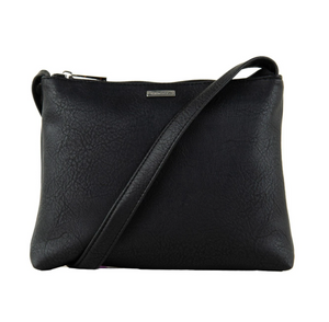A Rusty Willow Sidebag crossbody in black, featuring a simple design with a zipper closure and long strap, displayed on a plain white background.