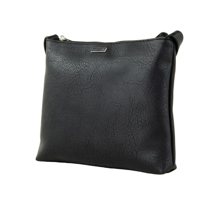 The Rusty Willow Sidebag is a black vinyl leather zippered pouch with a textured finish and a small metallic Rusty brand tag near the top, shown against a plain white background.