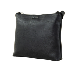 The Rusty Willow Sidebag is a black vinyl leather zippered pouch with a textured finish and a small metallic Rusty brand tag near the top, shown against a plain white background.