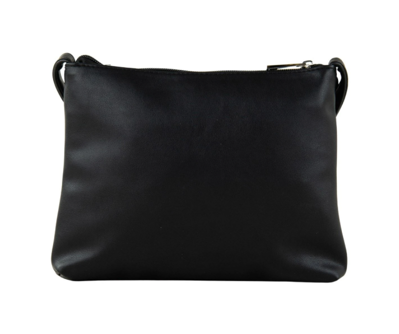 The Rusty Willow Sidebag is a sleek black vinyl clutch with rounded edges and a zipper closure, displayed against a white background.