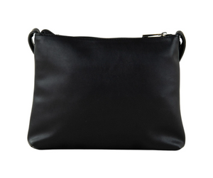 The Rusty Willow Sidebag is a sleek black vinyl clutch with rounded edges and a zipper closure, displayed against a white background.