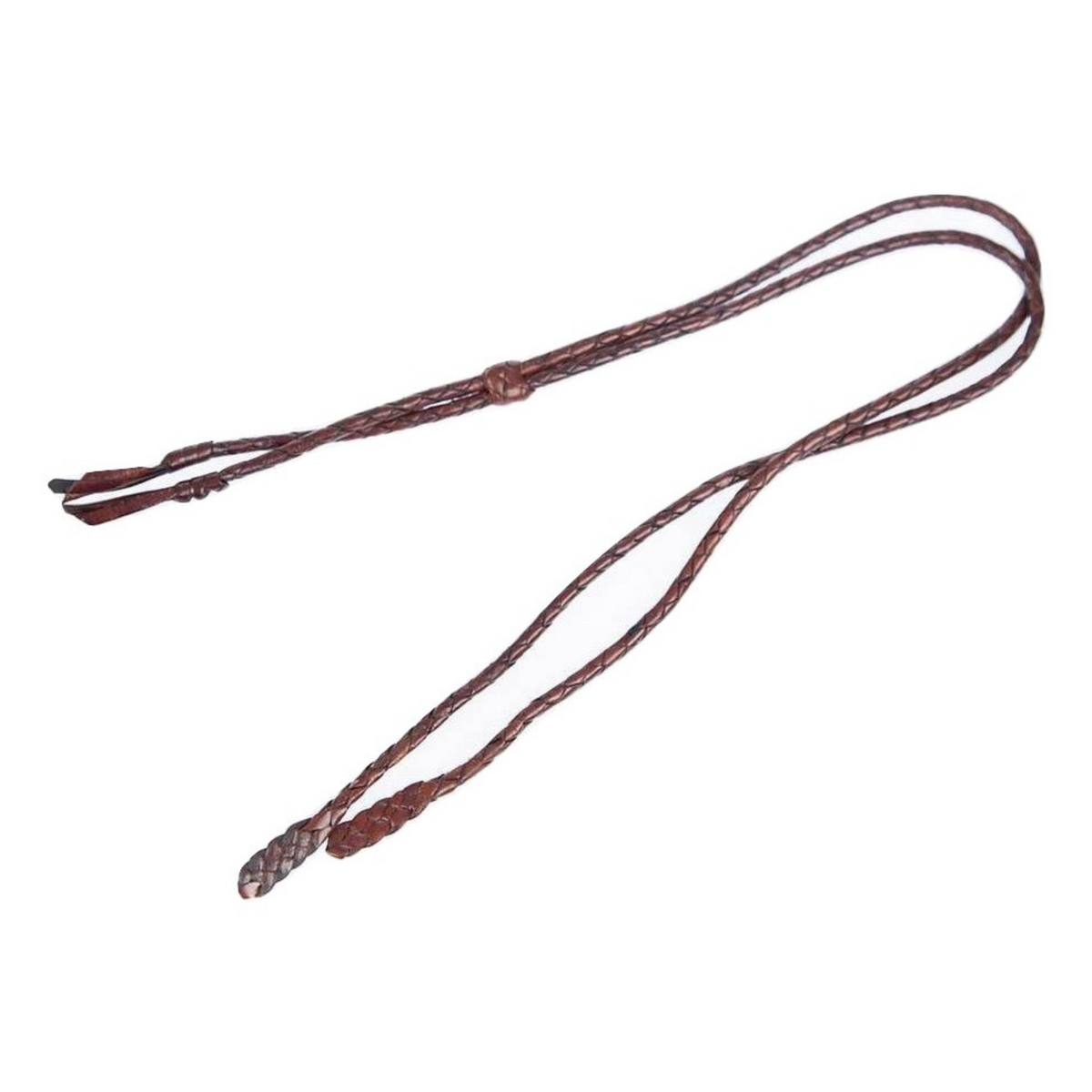 The Badgery Plaited Chin Strap is a brown braided leather bolo tie with metal tips at both ends, handmade in Australia from premium kangaroo leather. The tie is laid flat in a loose, elongated loop.