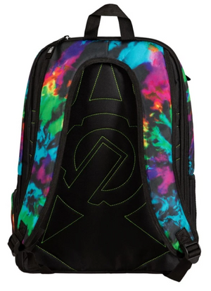 The UNIT Toxin Backpack features a vibrant multicolored tie-dye pattern, bold black panels, green stitching, a central geometric design, and a padded laptop compartment for convenience.