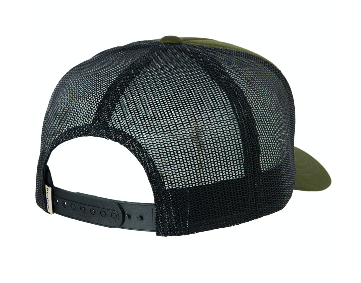 A black Rip Curl SWC Trucker Hat, shown from the back, features an olive green visor and an adjustable plastic snap closure. Its mesh design offers excellent ventilation, while the adjustable strap provides a customizable fit.