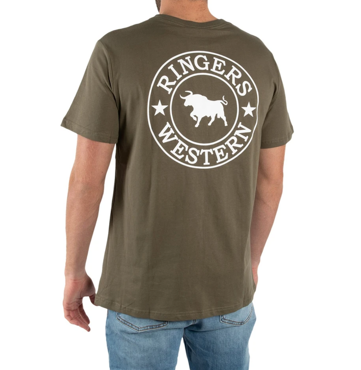 A person in a Ringers Western Signature Bull Classic T-Shirt made of 100% cotton, featuring a bull graphic on the back, is paired with blue jeans and is standing facing away from the camera.