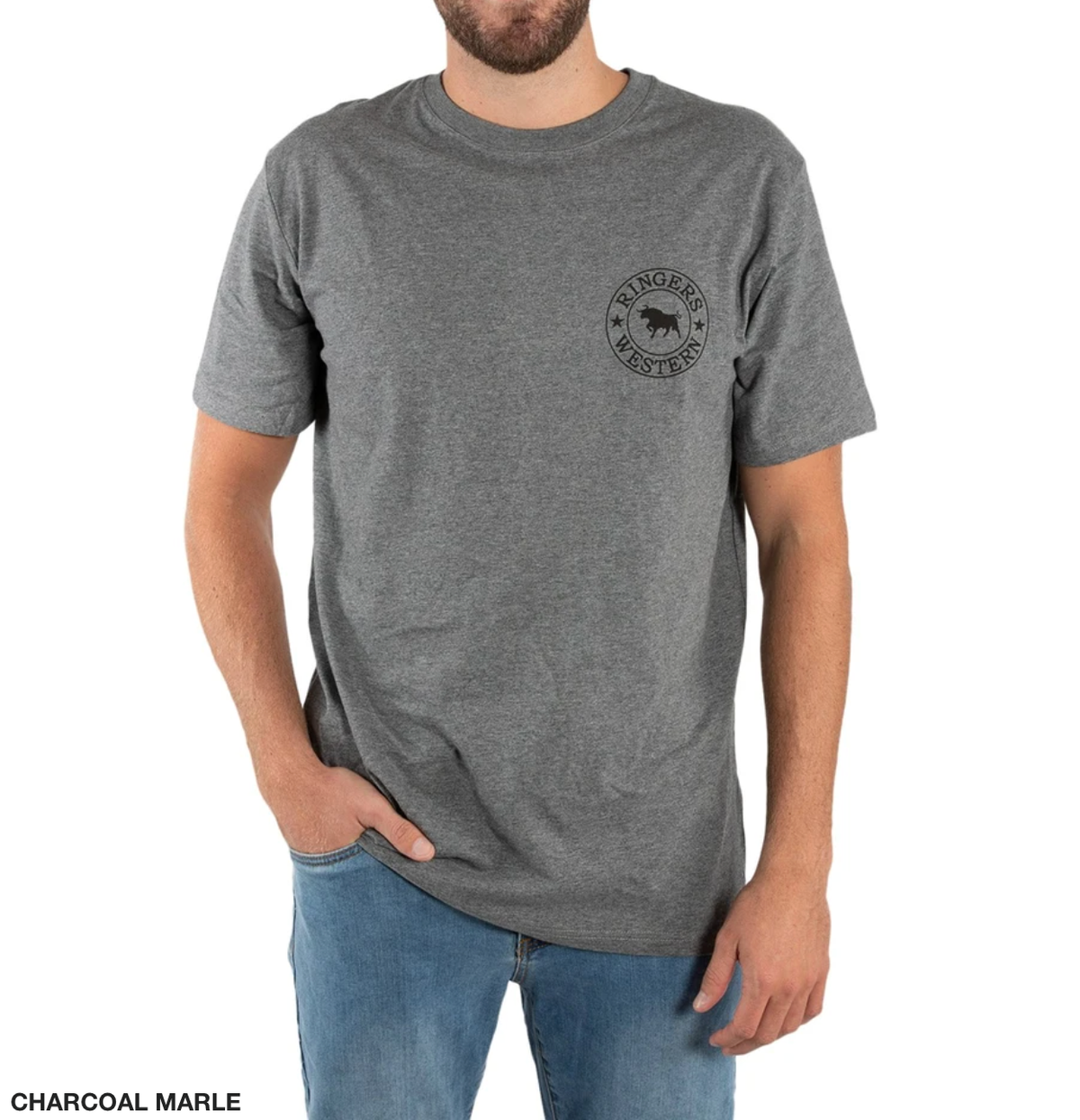A man in a grey Ringers Western Signature Bull Classic T-Shirt, made from 100% cotton with a small round logo on the left chest, stands against a white background. He's wearing light blue jeans with one hand in his pocket. The short-sleeve tee's color is described as CHARCOAL MARLE.