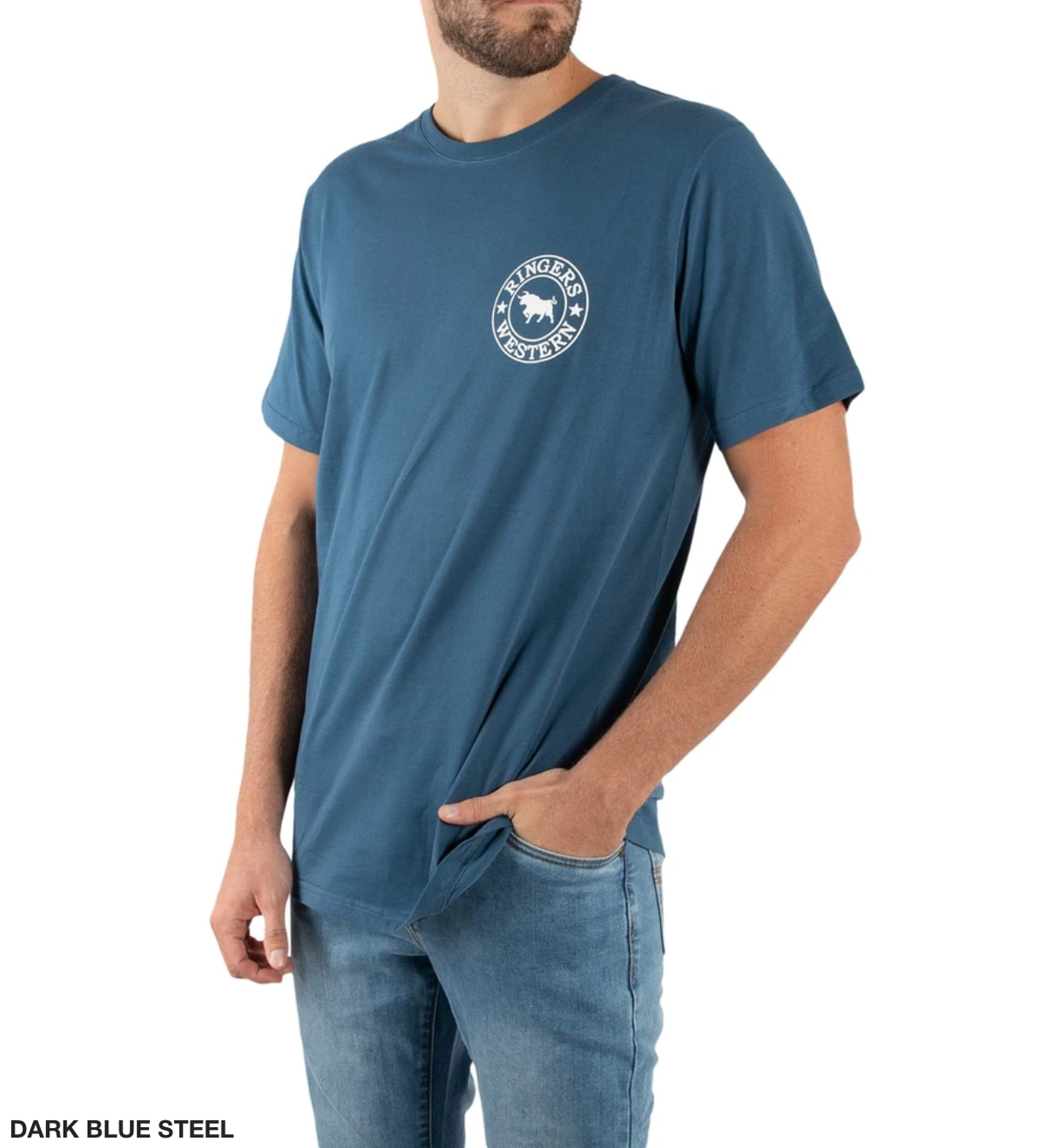 A man wears a Ringers Western Signature Bull Classic T-Shirt in dark blue with a circular logo on the left chest, crafted from 100% cotton. Paired with light blue jeans, his left hand is in his pocket as he stands against a plain white background.