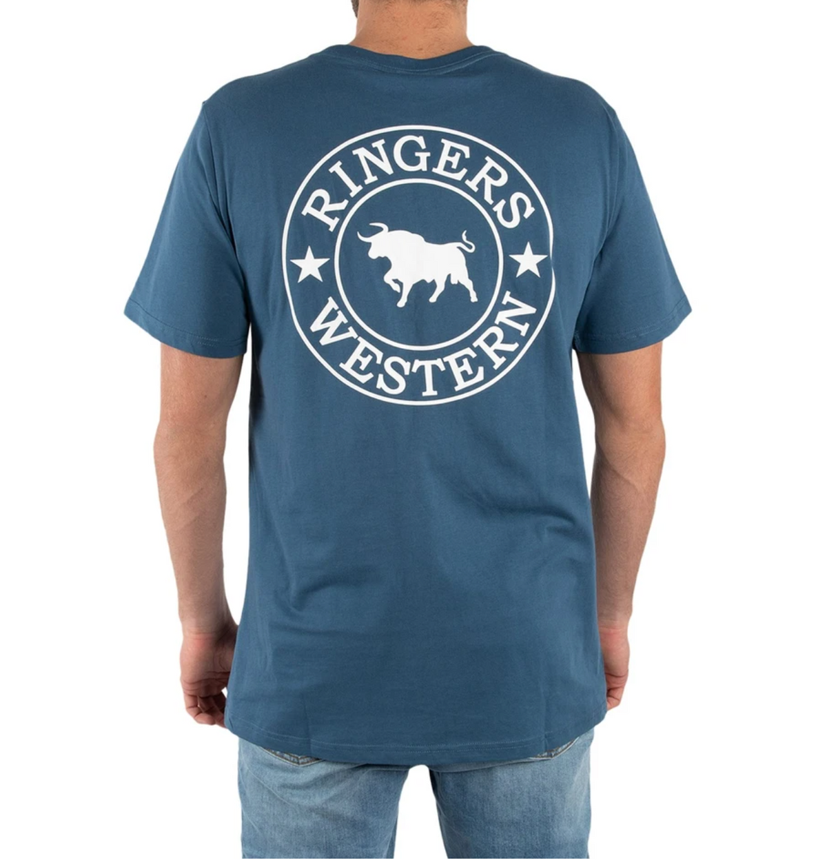 Back view of a person in the Ringers Western Signature Bull Classic T-Shirt, 100% cotton, short sleeve in blue, featuring "Ringers Western" and a white bull logo on the back, paired with light blue jeans.