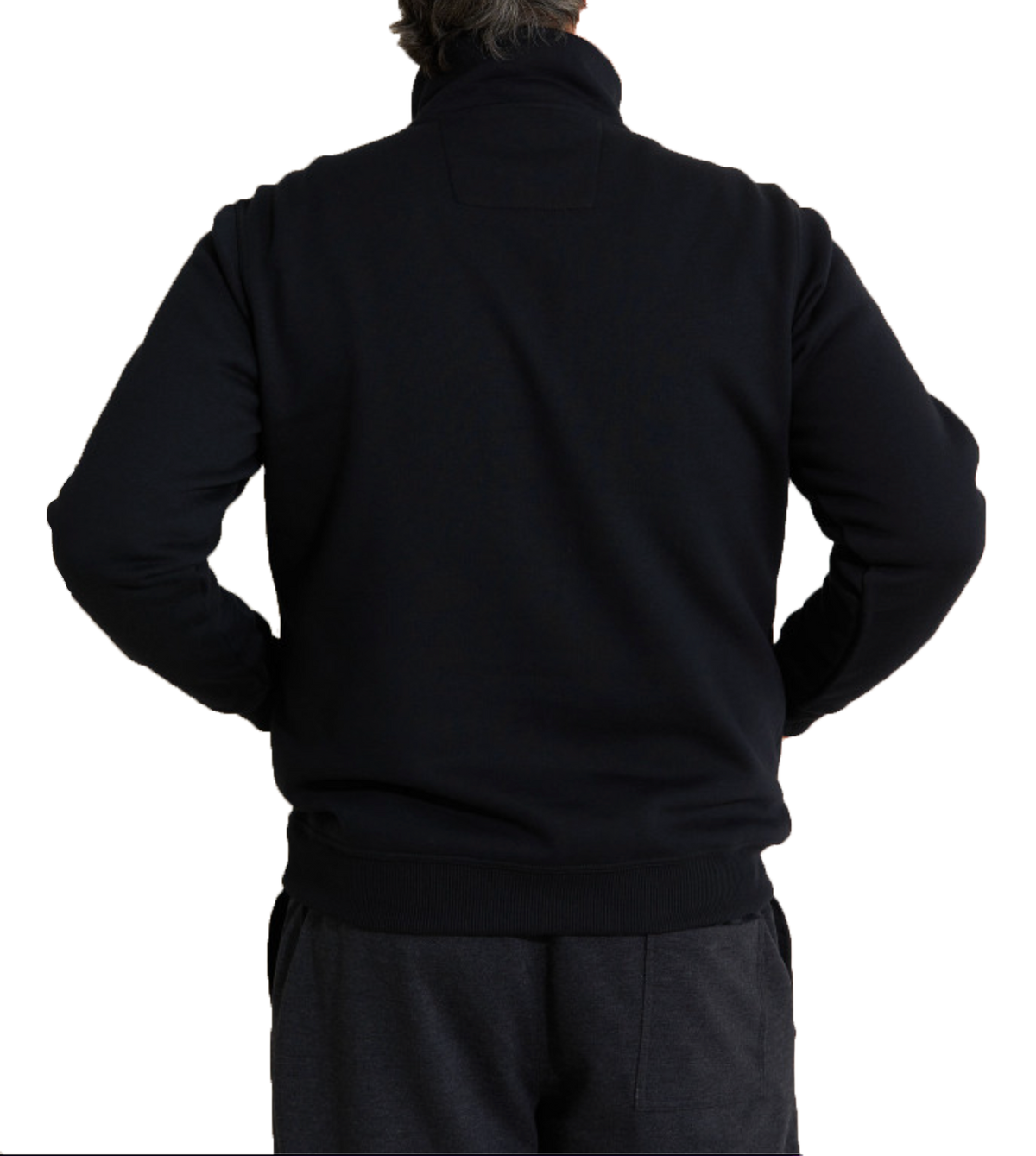A person with gray hair is seen from behind wearing a Breakaway Hils Snowy Mt Fleece Half Zip with a rib knit collar and dark-colored pants. The individual has their hands on their hips, adding a casual stance against the plain white background.
