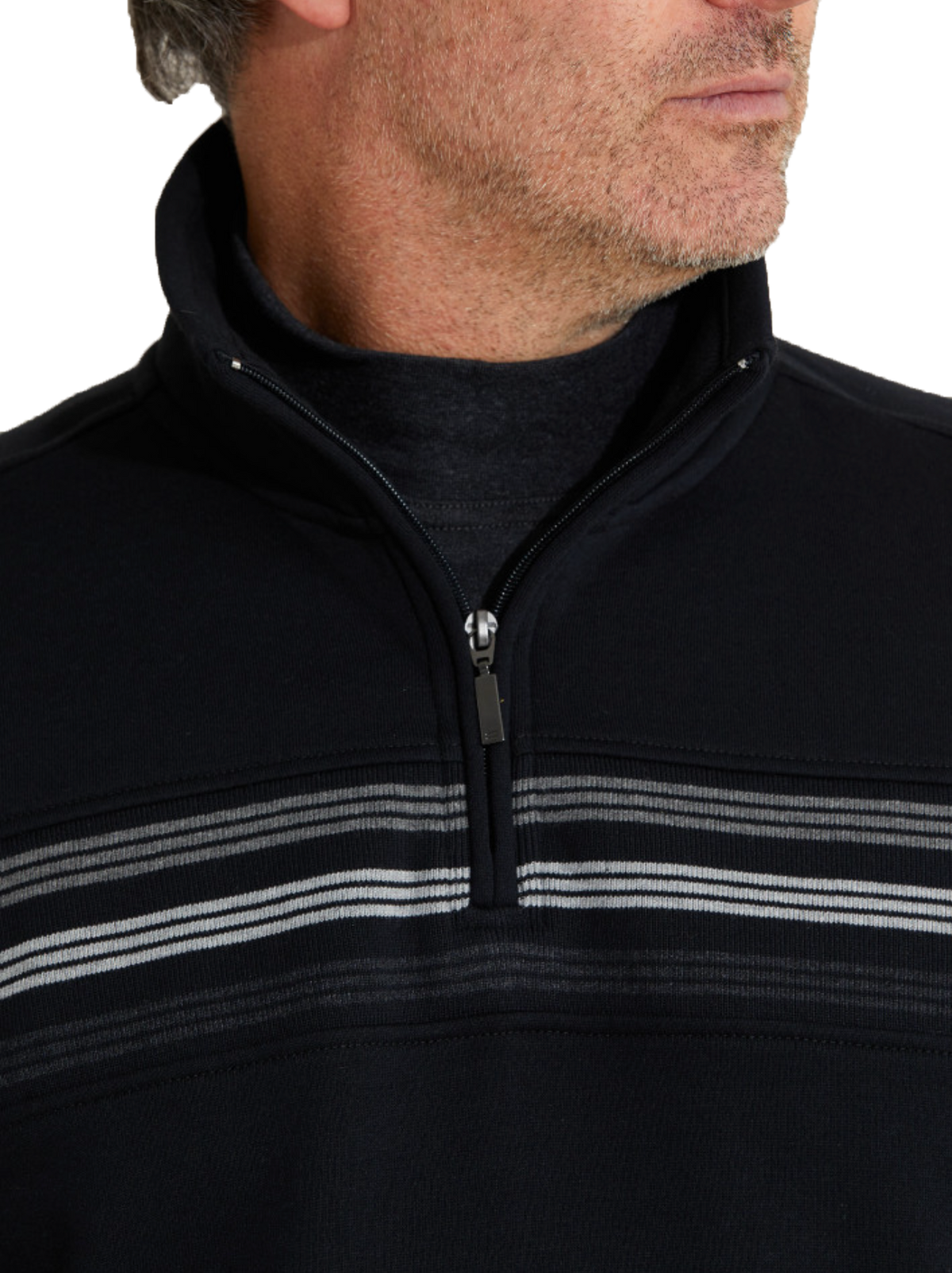 A person wearing the Breakaway Hils Snowy Mt Fleece Half Zip sweater, featuring a black design with gray stripes across the chest against a plain white background.