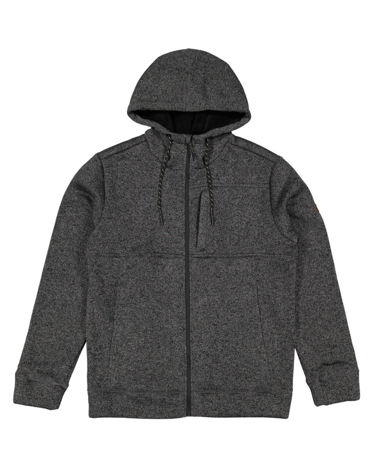 The Billabong Boundary Sherpa Zip is a gray hoodie with a full front zipper, featuring a sherpa-lined hood with drawstrings, two lower front pockets, and one vertical chest pocket. Made from a dark, heathered fabric ideal for staying cozy, it also has ribbed cuffs on the sleeves for added comfort.