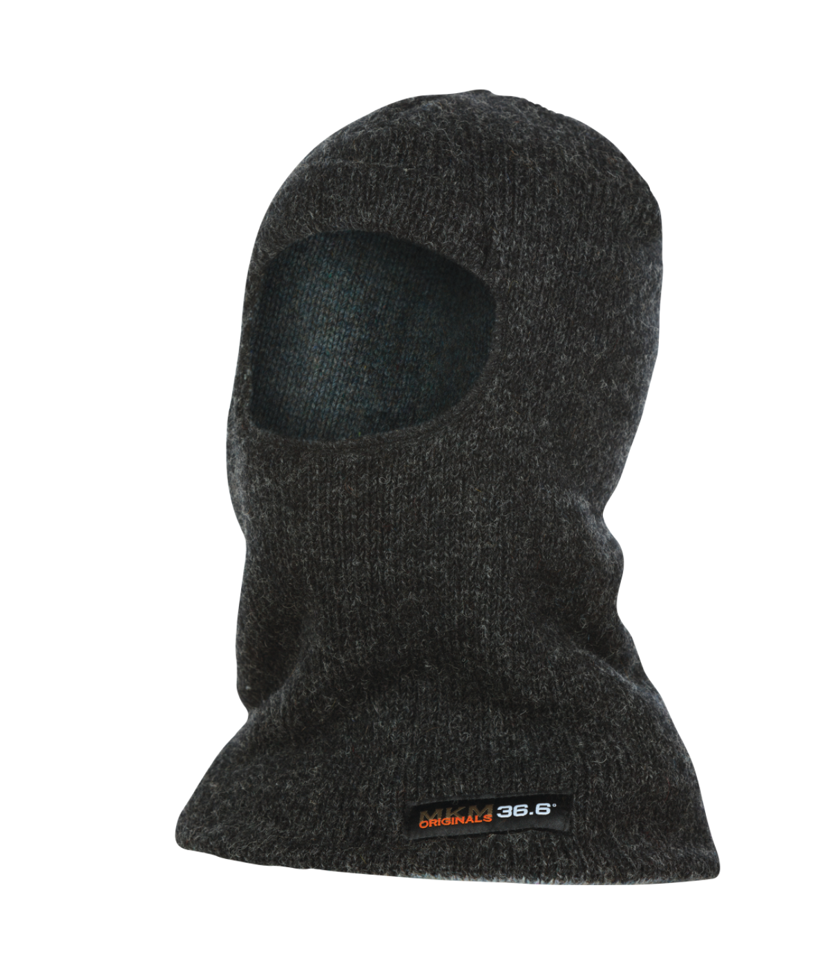 A dark grey MKM 36.6 Dual Layer Balaclava with a single large eye opening is shown. The fabric appears knitted from pure new wool, and the lower edge of the front has a small tag with the text "Original 36.6°".