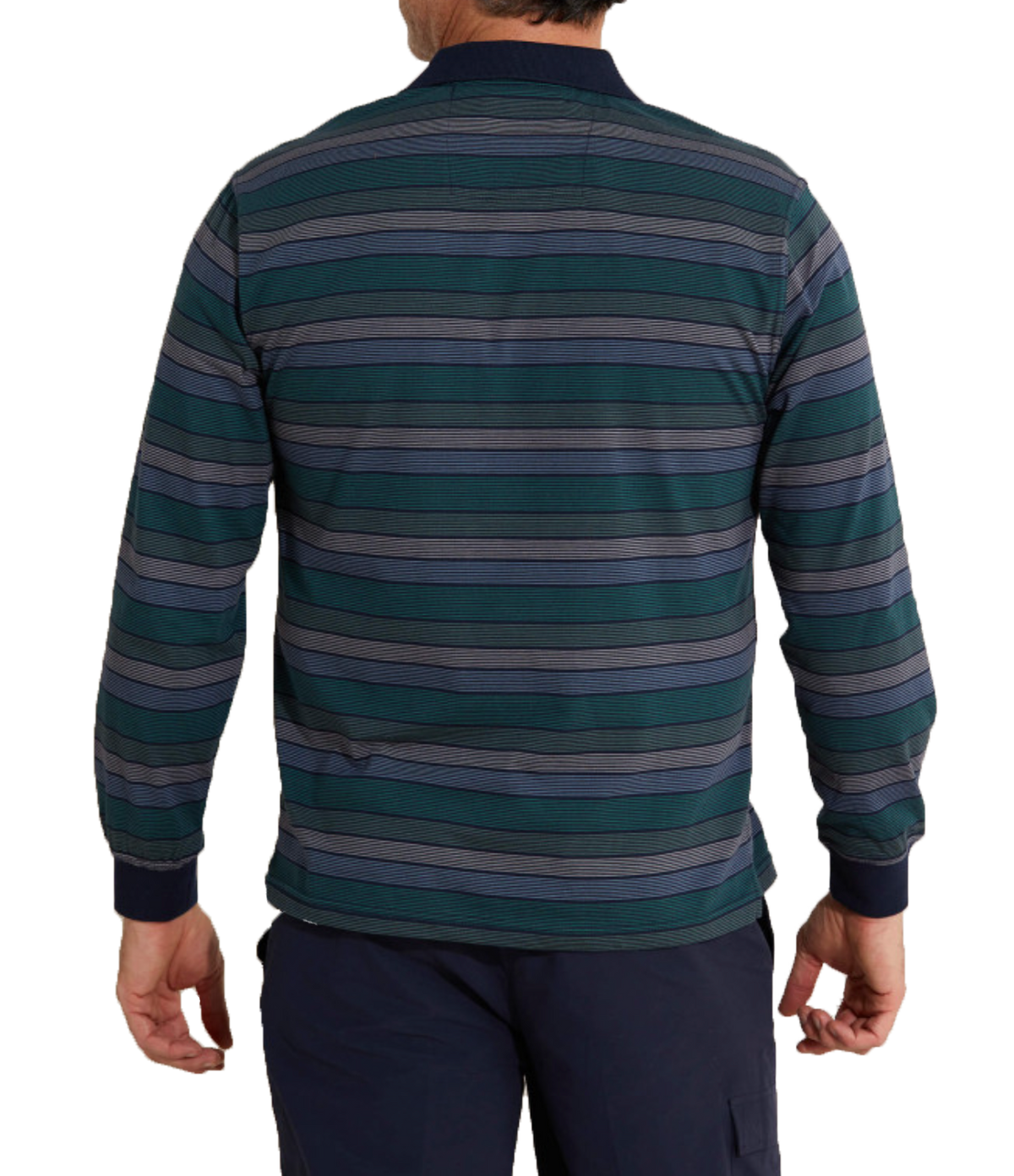 From behind, a person is seen wearing the Breakaway Roe Kinnersly Jersey Polo, which features long sleeves and a collar with green, blue, and gray horizontal stripes. Paired with dark pants, the individual's look exudes a casual vibe.