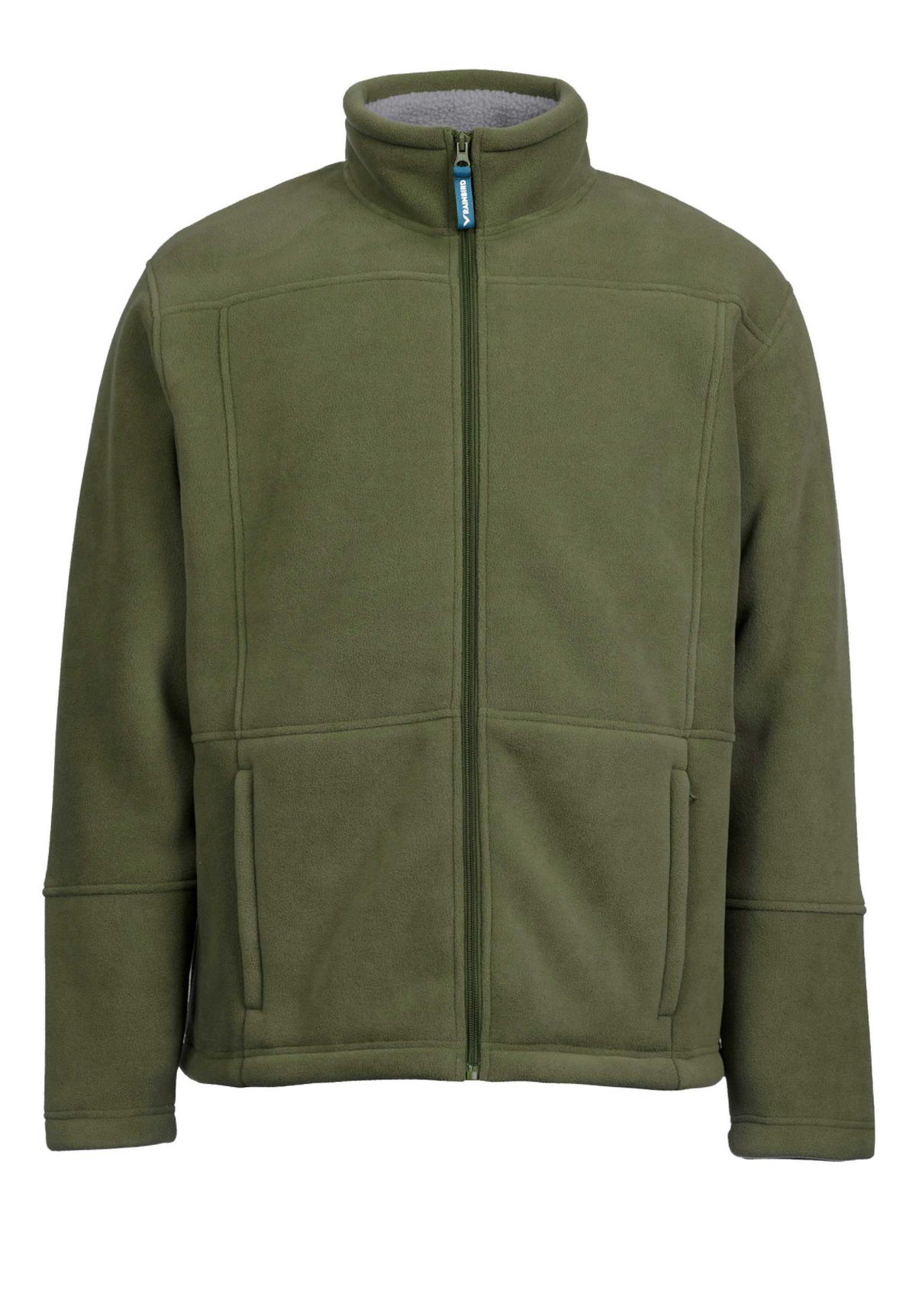 The Rainbird Lumber Jacket is fleece-lined with green polyester, a high collar, full-front zipper, long sleeves, and two front pockets, highlighted by a distinct blue zipper pull.