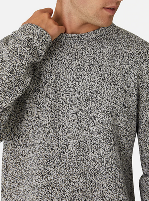 A person wears the Industrie The Hacienda Knit, a textured gray sweater with a crew neck and regular fit, touching the back of their neck as they gaze sideways against a plain white background.