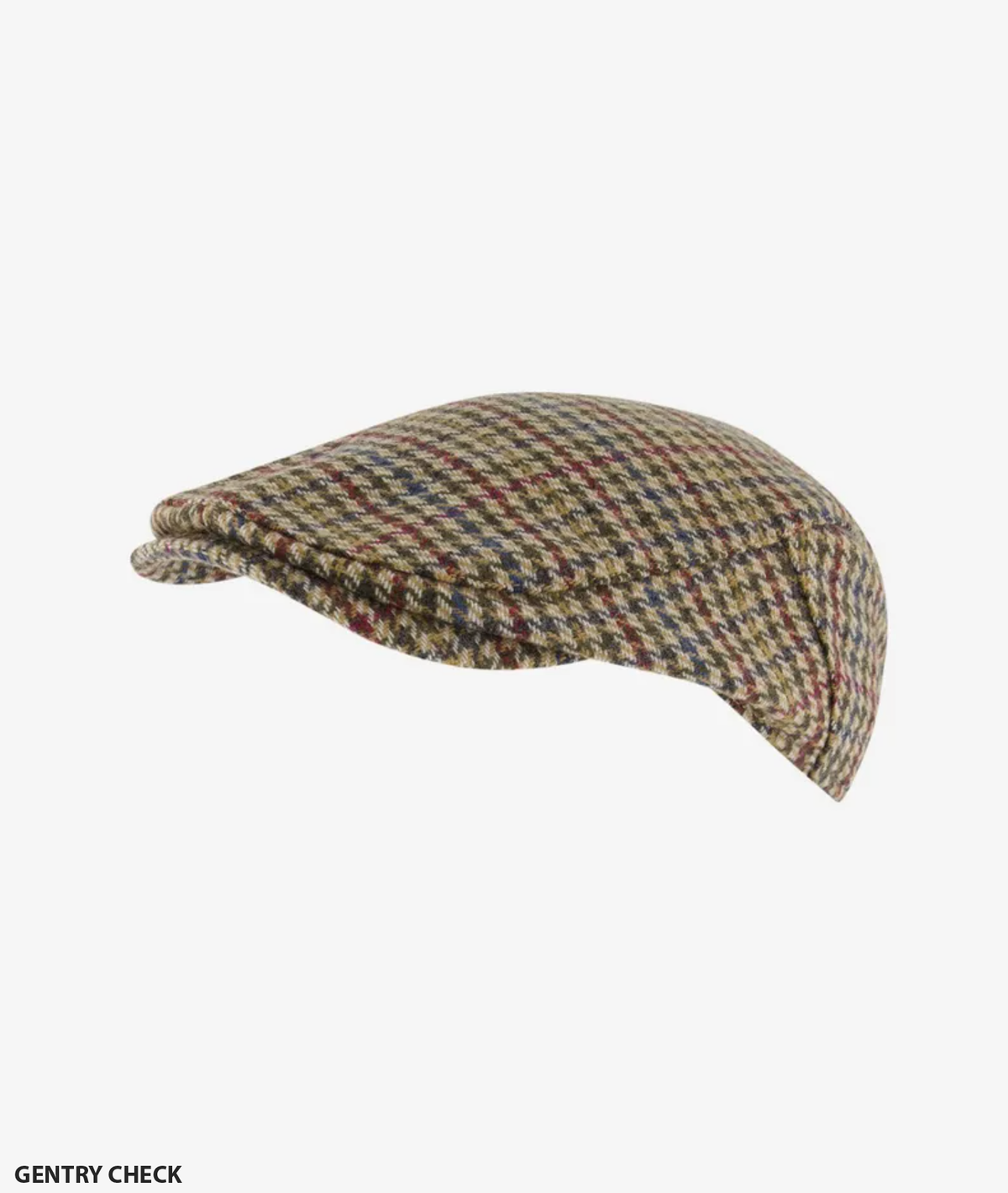 The Swanndri Bristol Flat Cap showcases a classic plaid pattern in brown, beige, with hints of red and blue. Made from textured wool, it embodies timeless style with the caption "Gentry Check.