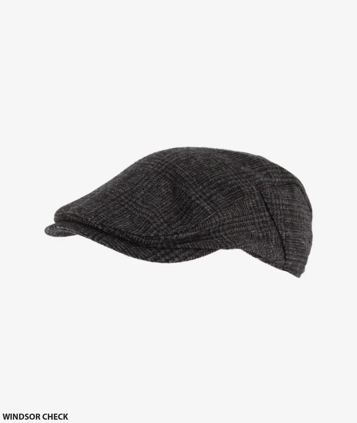 The Swanndri Bristol Flat Cap is made from wool and features a dark gray Windsor check pattern with a short, curved brim and fitted design, blending classic style with modern elegance.