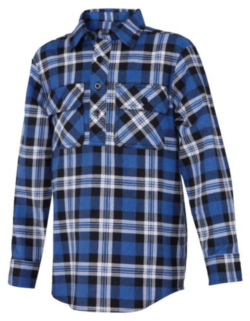 The Ritemate Kids Pilbara Closed Front Flannelette Shirt offers style and comfort with long sleeves, buttoned cuffs, a collar, two buttoned chest pockets, and is made from pre-shrunk cotton in blue and black plaid.