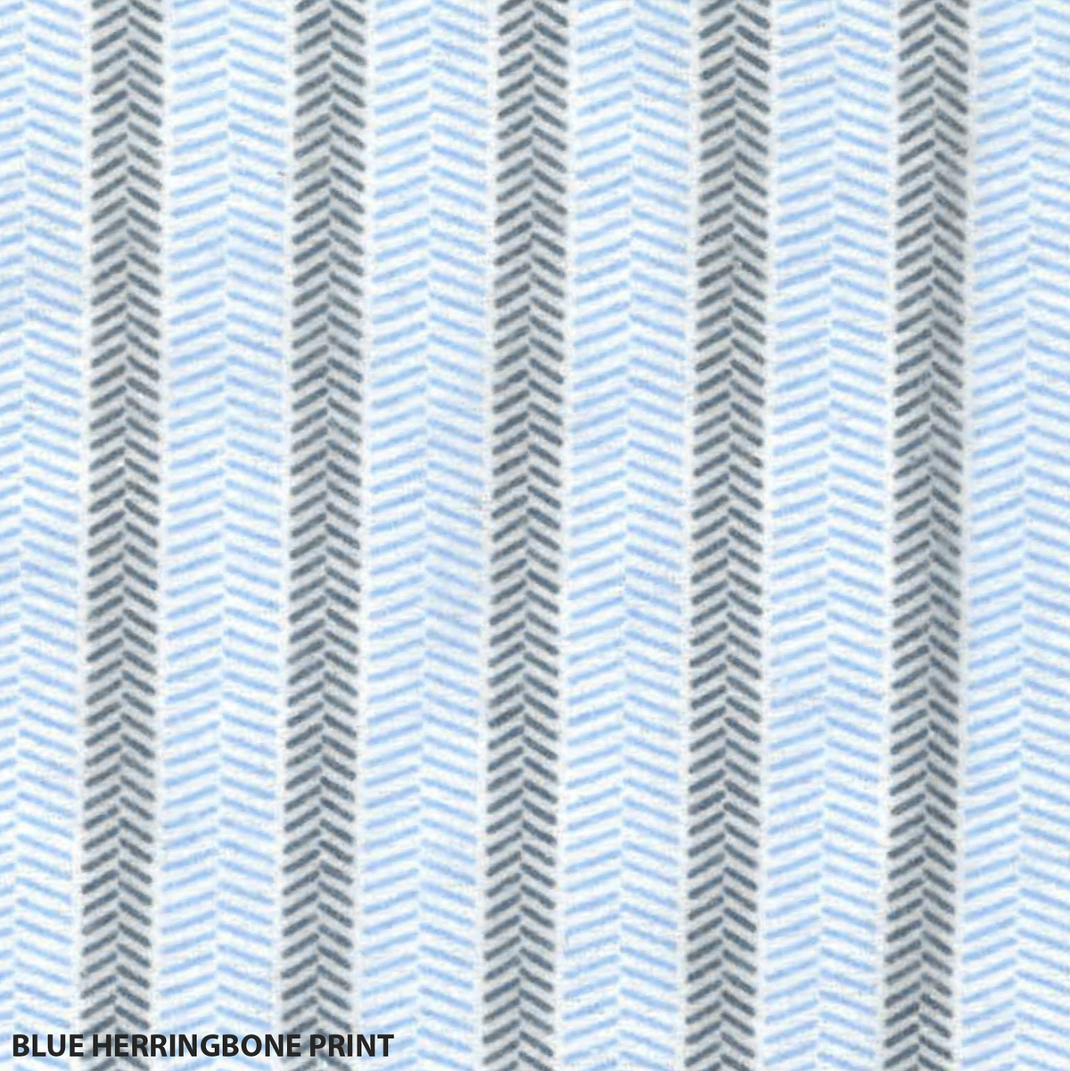 The Contare Country Winter Flannelette PJ Set features a blue and white herringbone print with vertical stripes of blue and gray in brushed cotton. It includes a zigzag pattern and text reading "BLUE HERRINGBONE PRINT" at the bottom left.