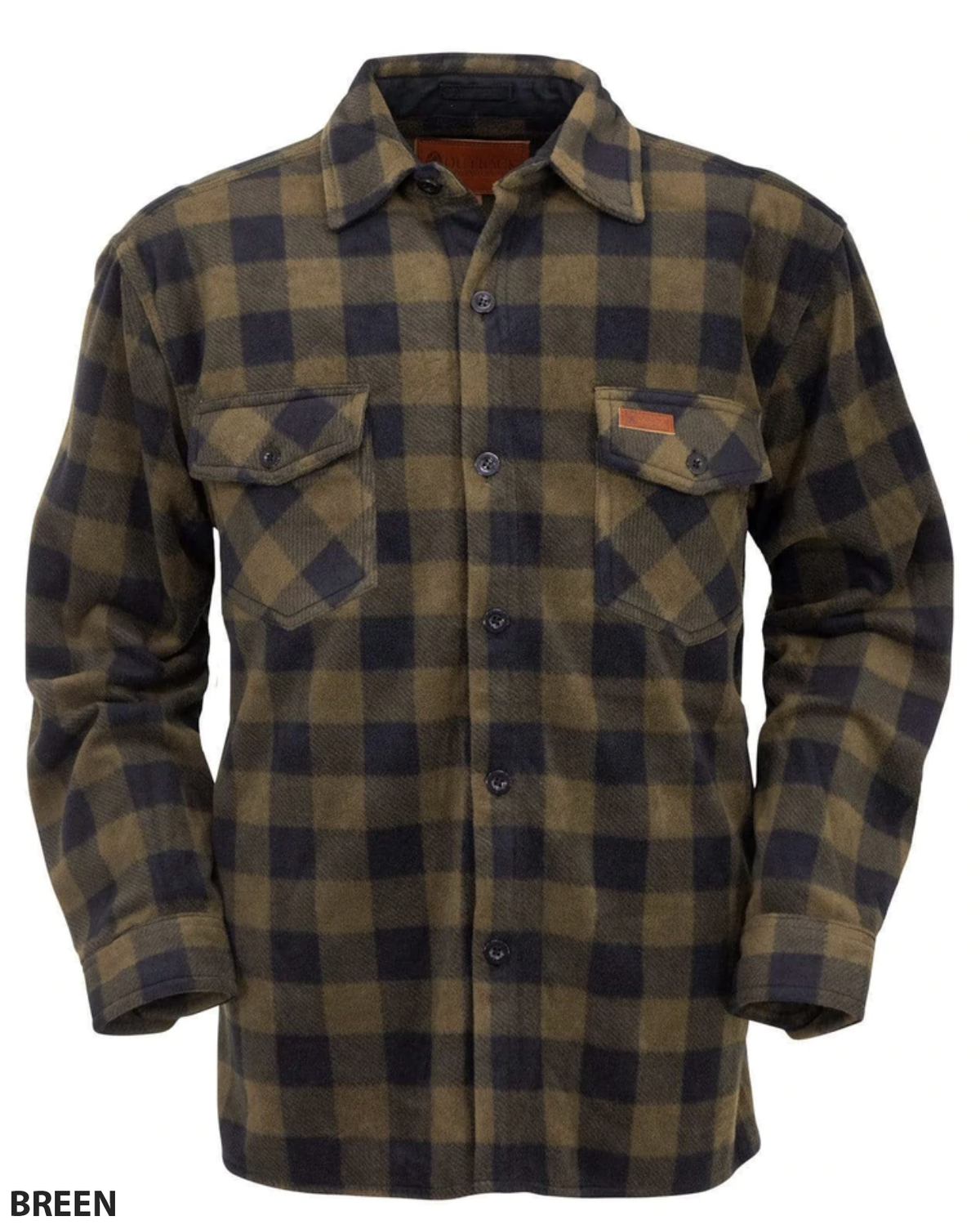 The Outback Mens Big Shirt is a brown and black plaid flannel shirt featuring long sleeves, two buttoned chest pockets, a classic collar, full button-down front, and adjustable button wrist cuffs. The word "BREEN" is printed in uppercase letters at the bottom left corner. This mid-weight shirt is ideal for versatile layering.