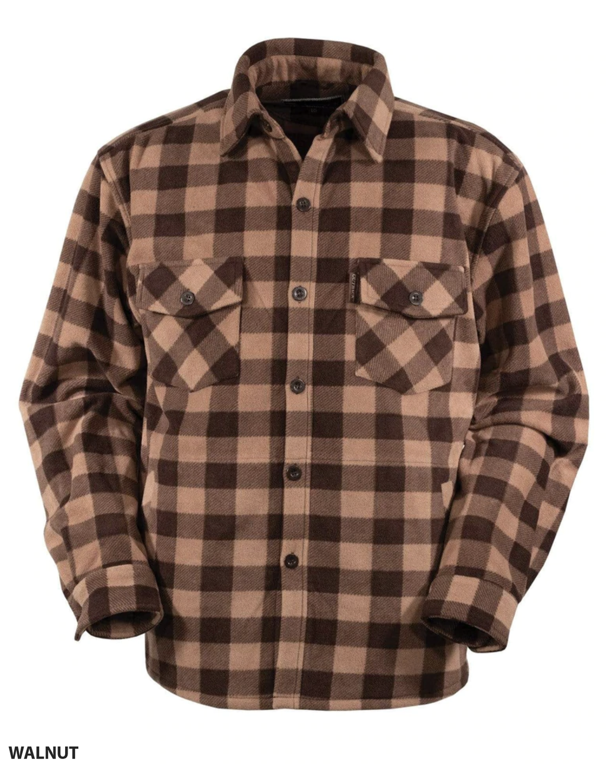 The Outback Mens Big Shirt is a comfortable brown and tan checkered flannel shirt with long sleeves and a button-up front. It features two chest pockets with buttons, and "WALNUT" written at the bottom left corner.