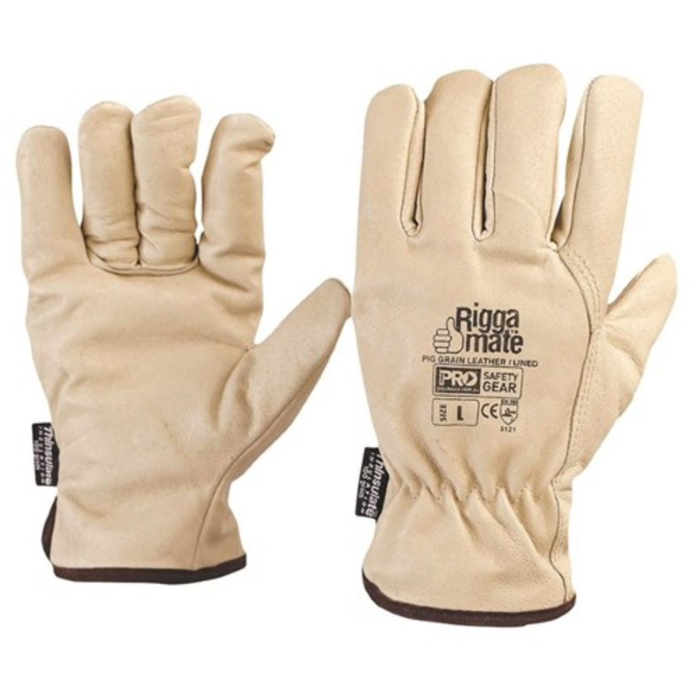 A pair of Pro Safety Gear Riggamate Thinsulate Lined Gloves made of beige pig grain leather with brown trim around the wrists. The left glove is displayed palm up, while the right glove shows the back side, which features "Riggamate" and safety certifications printed on it.