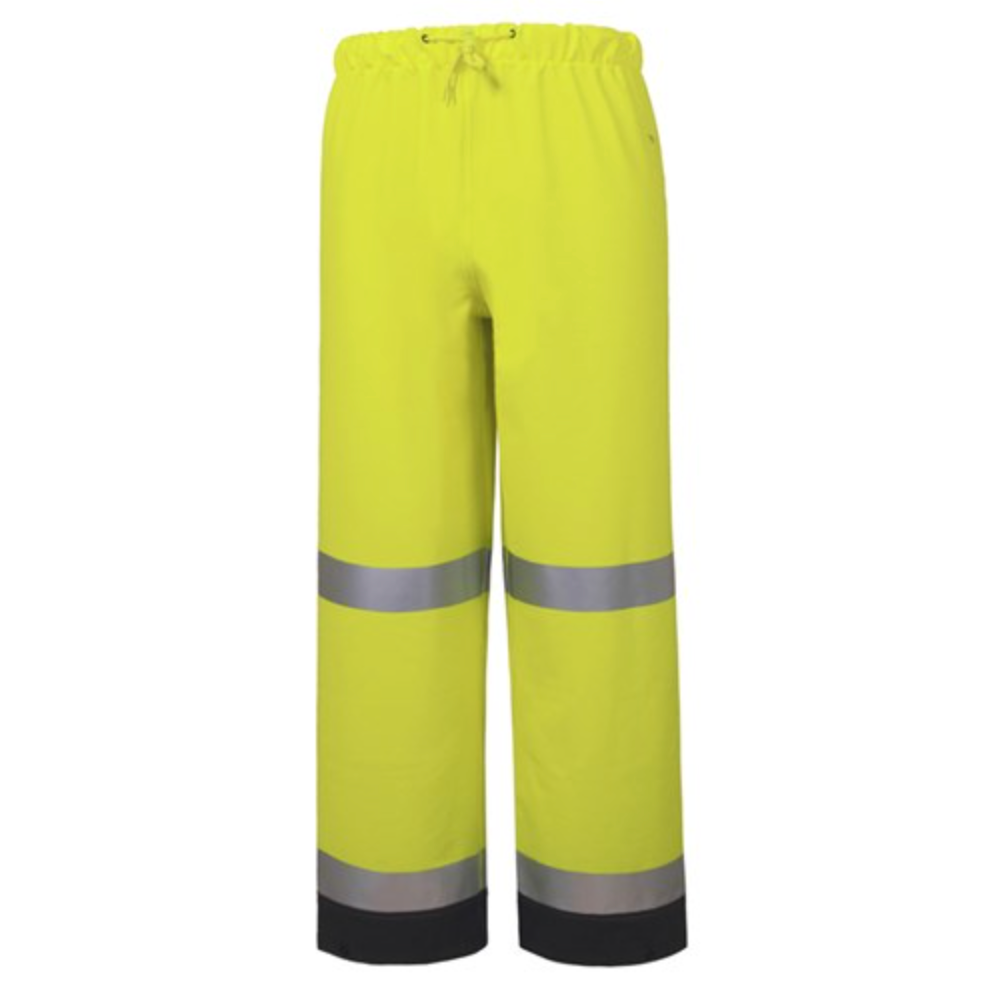The Rainbird Shelter Pant is bright yellow, waterproof, and features a 4-way stretch with an elastic waistband. It includes two grey reflective stripes around each knee and durable black cuffs at the bottom for comfort in any weather.