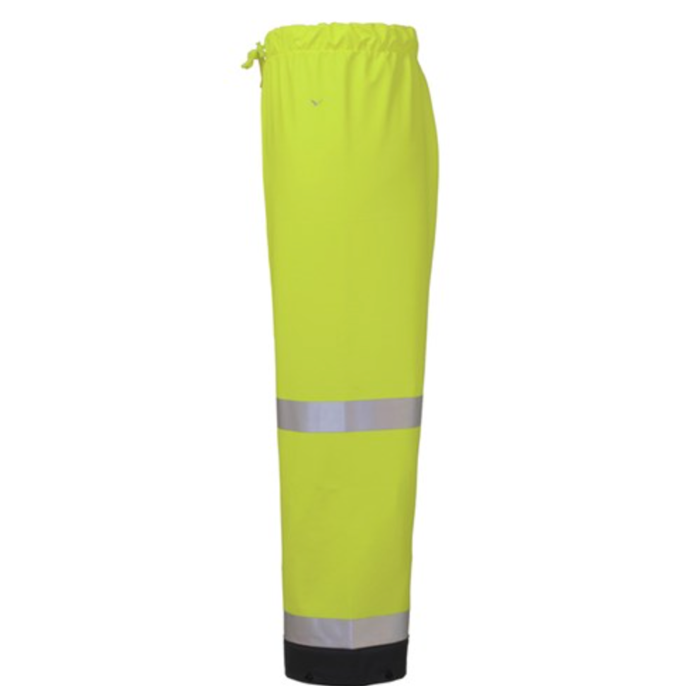 The Rainbird Shelter Pant features a bright yellow waterproof design, reflective silver leg bands, an elastic waistband with a drawstring, and practical black cuffs.