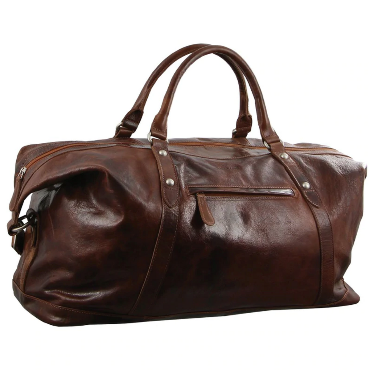 The Pierre Cardin Leather Travel Bag is a spacious brown leather travel accessory with dual handles, an adjustable shoulder strap, zippered main compartment, and exterior pocket. It boasts a glossy finish with visible stitching and metal rivet accents for timeless elegance.
