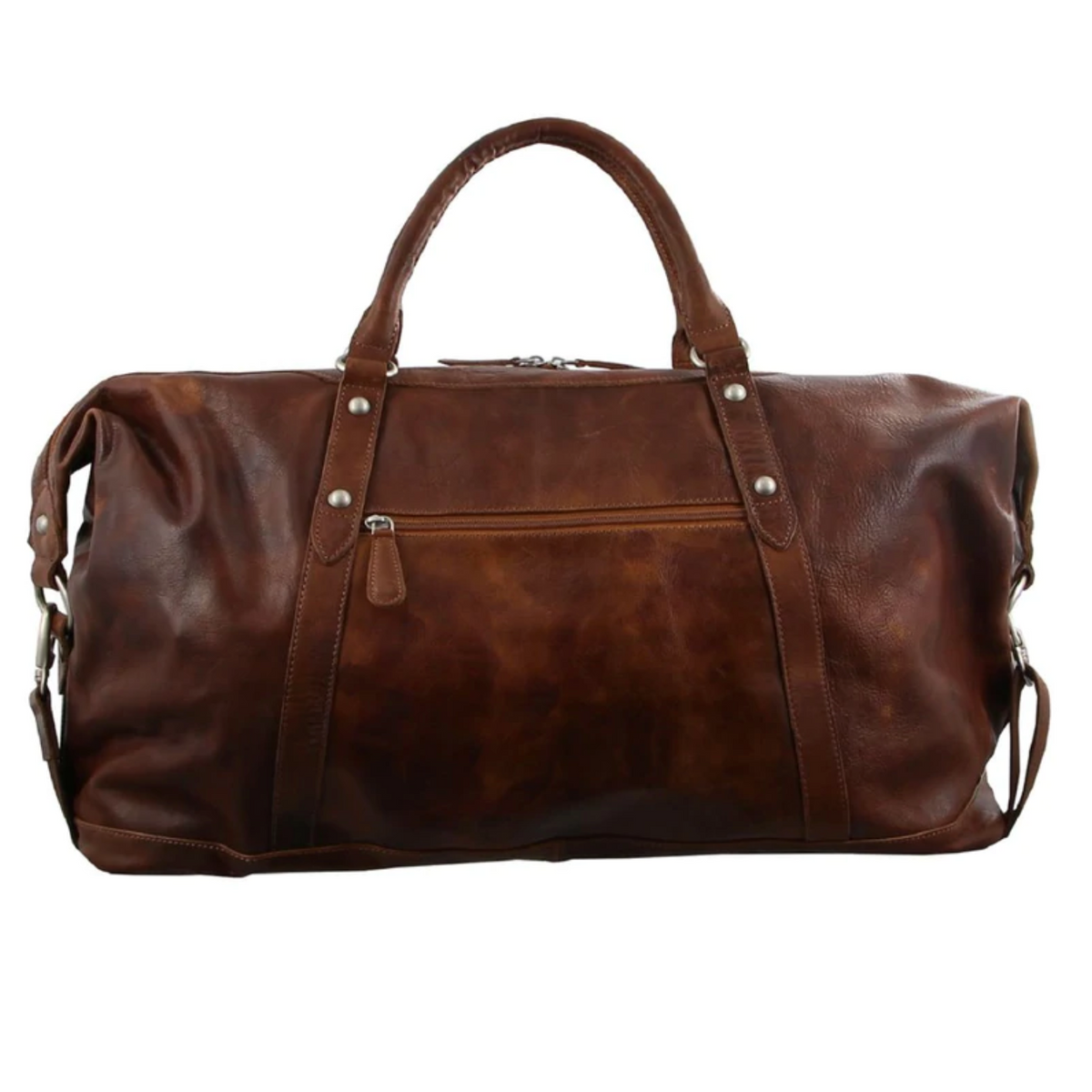 The Pierre Cardin Leather Travel Bag is a large, brown leather travel bag featuring two sturdy handles, multiple pockets including a front zipper pocket, and metal hardware accents. It has a slightly rugged, worn-in appearance and comes with an adjustable shoulder strap for travel or everyday use.