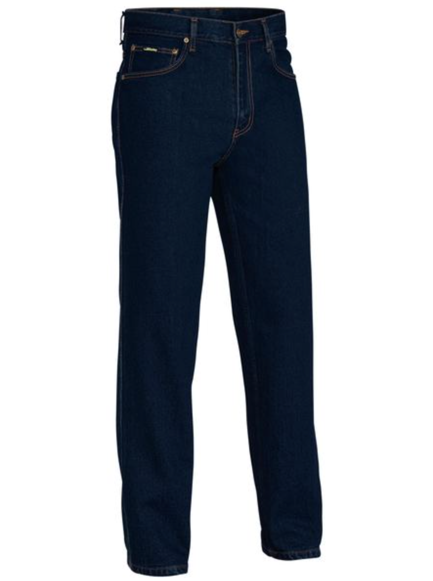 The Bisley Rough Rider Jeans are classic dark blue, 100% cotton denim with a straight-leg cut, front zipper, button closure, and pockets. Displayed upright against a white background.