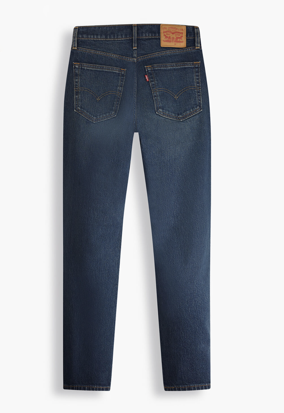 A pair of Levis 516 Straight Jeans in dark blue denim is shown from the back. These comfortable jeans feature two back pockets with signature stitching, a small tag on the right pocket, and a brown leather patch on the back waistband. The straight-fit jeans are displayed against a white background.