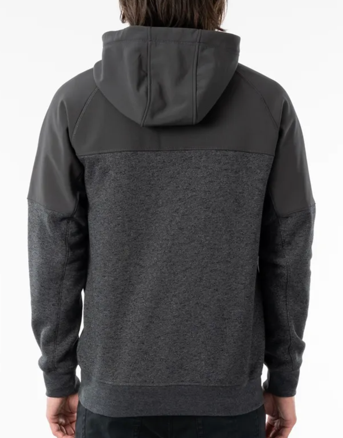 A person facing away from the camera is wearing a grey and dark grey Rip Curl Viral Anti Series Zip Thru Hood. The winter jacket features a darker upper section, lighter lower section, and long sleeves. Its durable water-resistant material ensures protection in harsh conditions. The background is plain white.