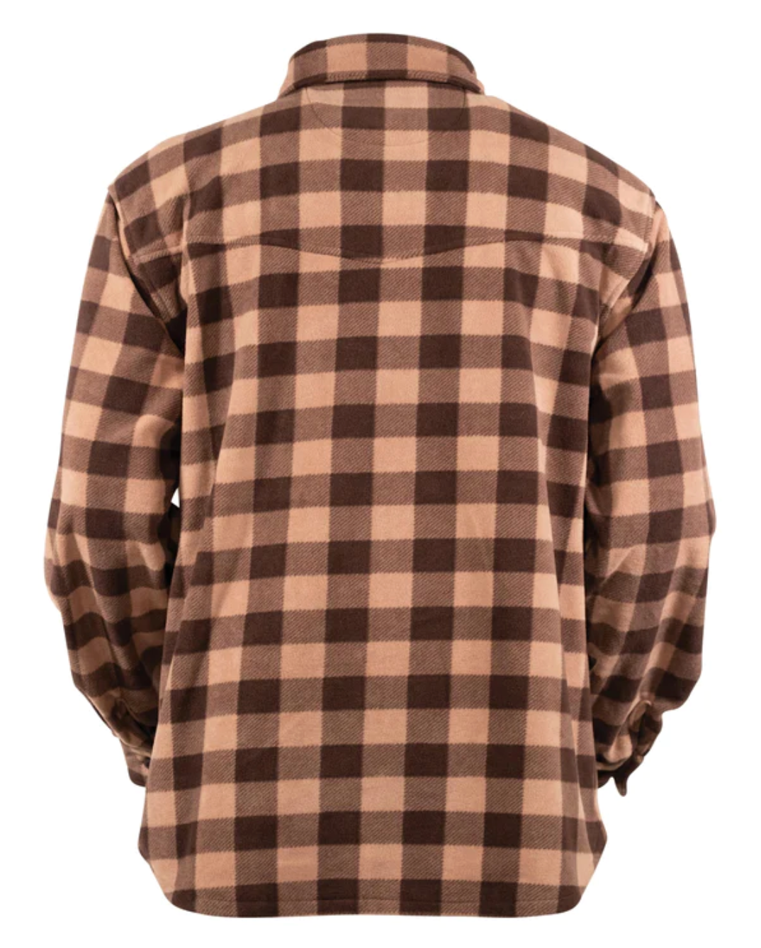 A person wearing the Outback Mens Big Shirt, a brown and beige plaid flannel mid-weight shirt, is viewed from the back, showcasing its collar and buttoned cuffs. The shirt features large alternating squares in a classic fleece design.