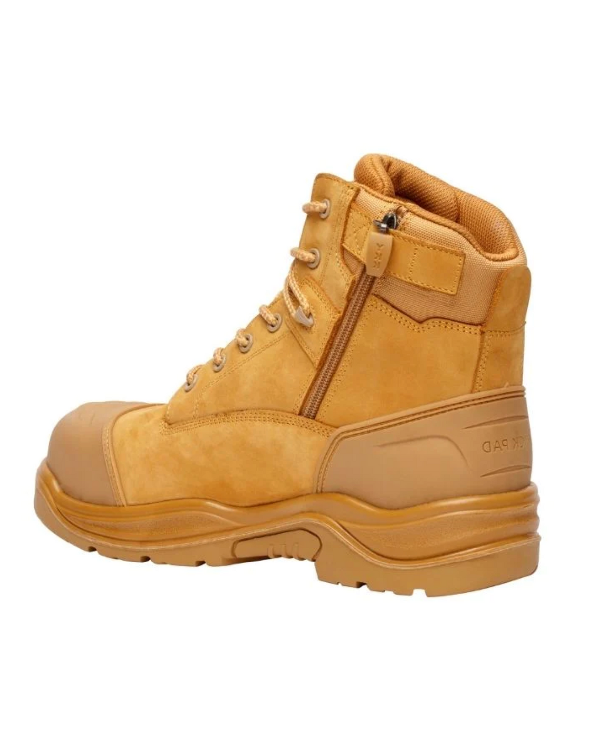 The Magnum Storm Master Zip Sided Waterproof Safety Boot MSM150 is a tan-colored boot with a high ankle, lace-up front, side zipper, and reinforced composite steel toe cap. These water-proof boots feature a thick, textured sole for enhanced durability and grip.