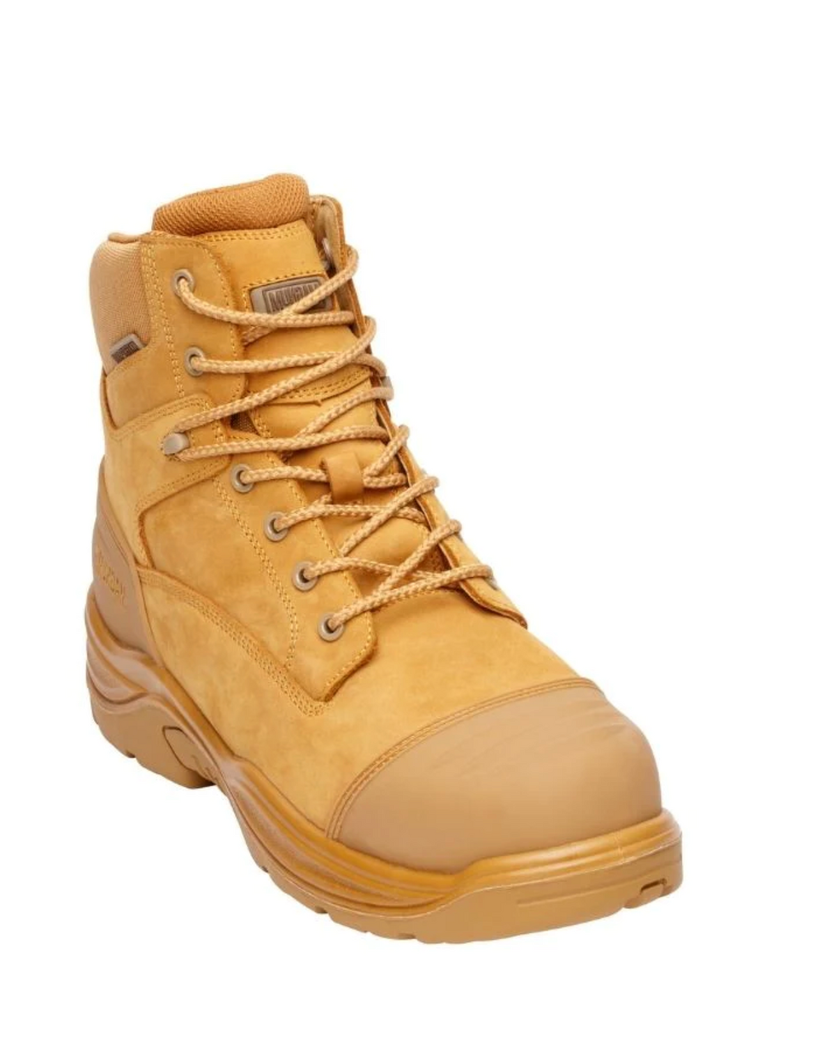 The Magnum Storm Master Zip Sided Waterproof Safety Boot MSM150 is a single tan-colored boot with a high ankle, sturdy construction, and a thick rubber sole. It features metal eyelets with tan laces, reinforced stitching, and a padded collar for comfort. Additionally, its composite steel toe cap provides extra protection.