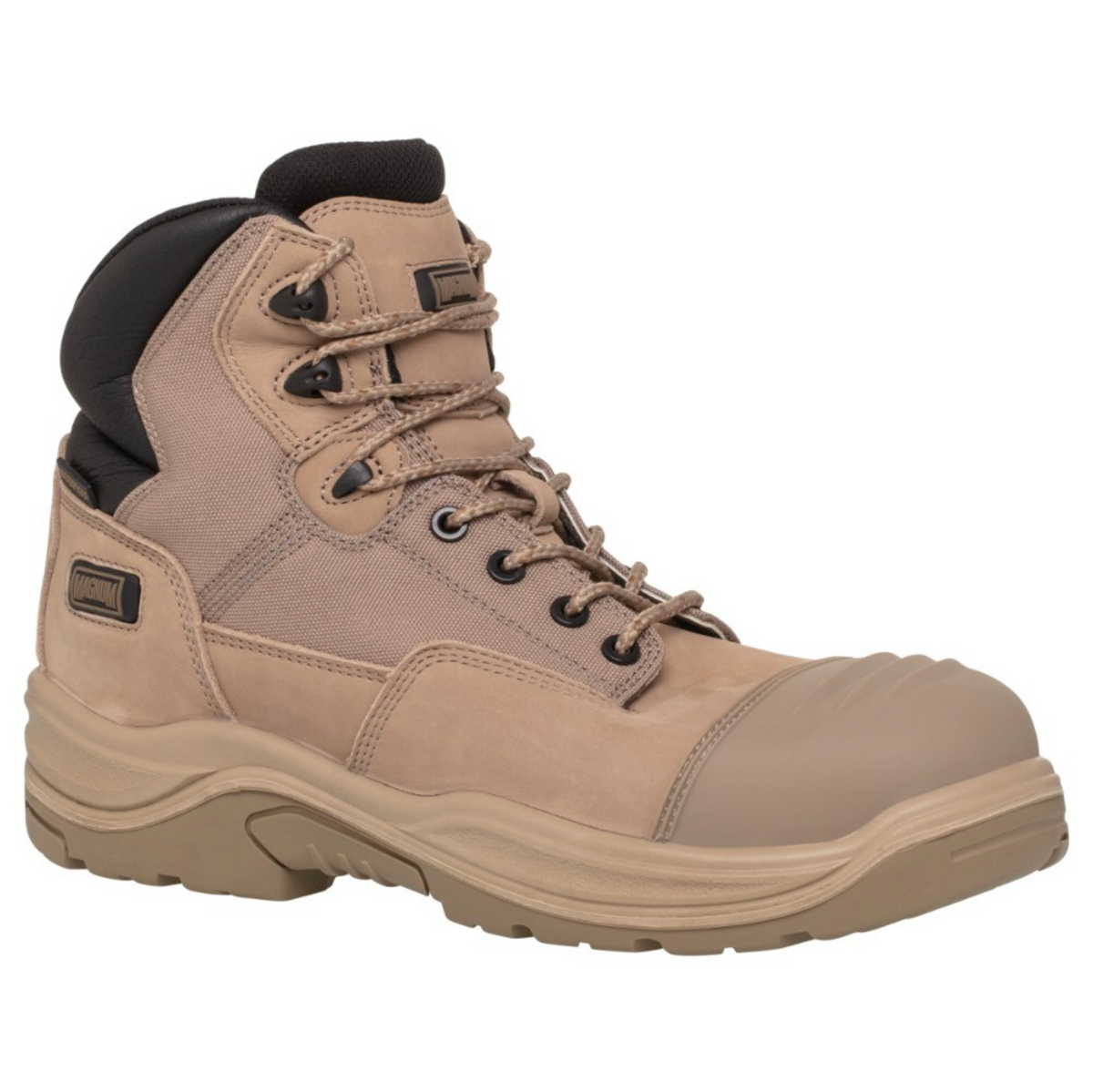 The Magnum Trademaster Lite Zip Sided Waterproof Safety Boot MTM150 is a tan work boot with black accents, featuring a slip-resistant sole and a reinforced composite steel toe cap. It has black laces threaded through metal eyelets and hooks, providing a durable look for heavy-duty work environments.