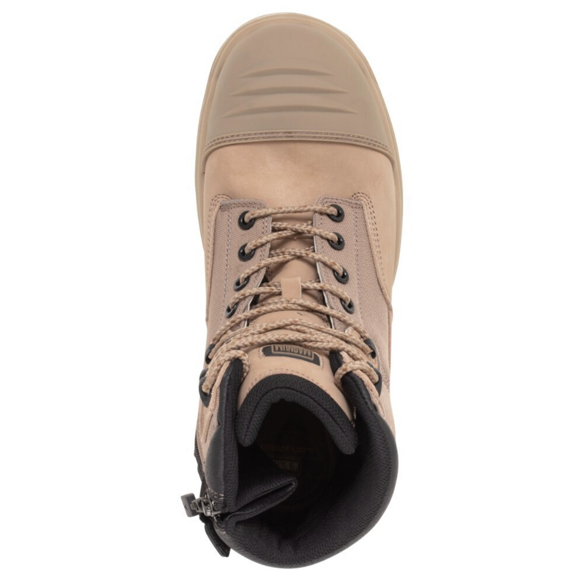 Top view of the Magnum Trademaster Lite Zip Sided Waterproof Safety Boot MTM150 in beige, featuring black laces, a side zipper, and a composite steel toe cap. It includes a textured rubber toe cap, padded collar, durable sole for comfort, and is waterproof and slip-resistant for added protection.
