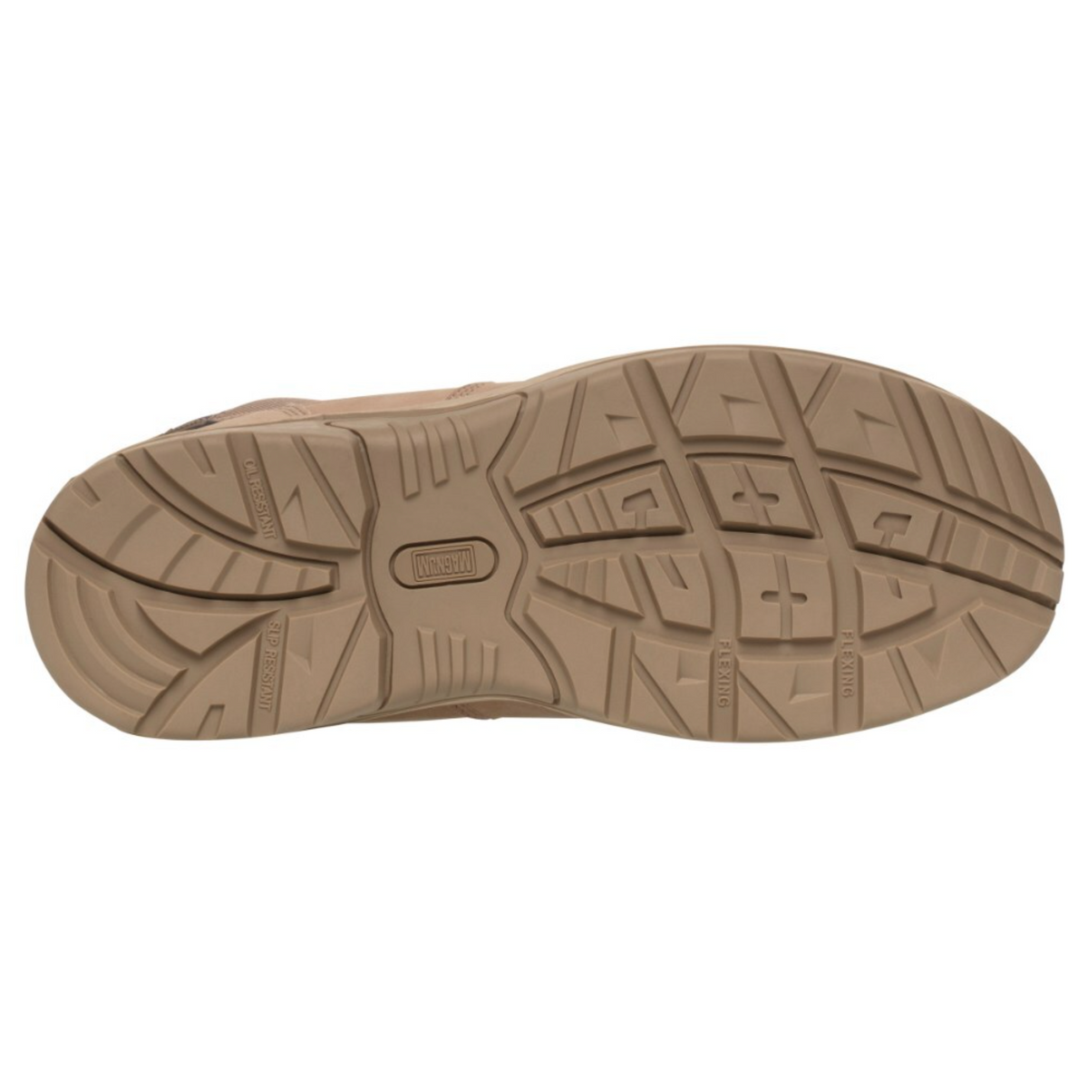 The image shows the underside of a waterproof Magnum Trademaster Lite Zip Sided Safety Boot MTM150. It features a slip-resistant, textured tan rubber sole with large grooves and ridges for grip, along with the brand logo prominently displayed in the center.