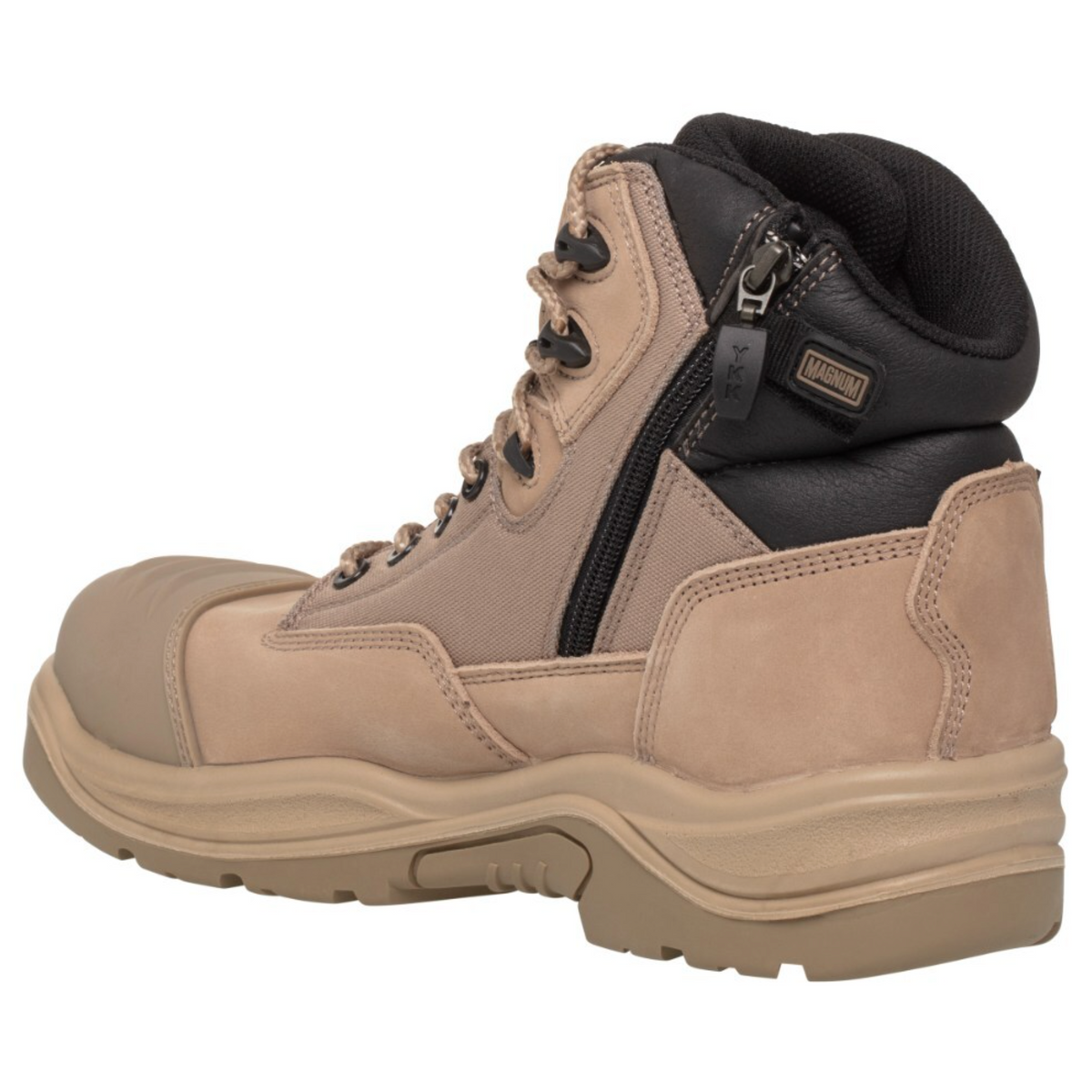 The Magnum Trademaster Lite Zip Sided Waterproof Safety Boot MTM150 is a tan and black work boot featuring a side zipper, composite steel toe cap, durable stitching, and a rugged slip-resistant sole suitable for heavy-duty use.
