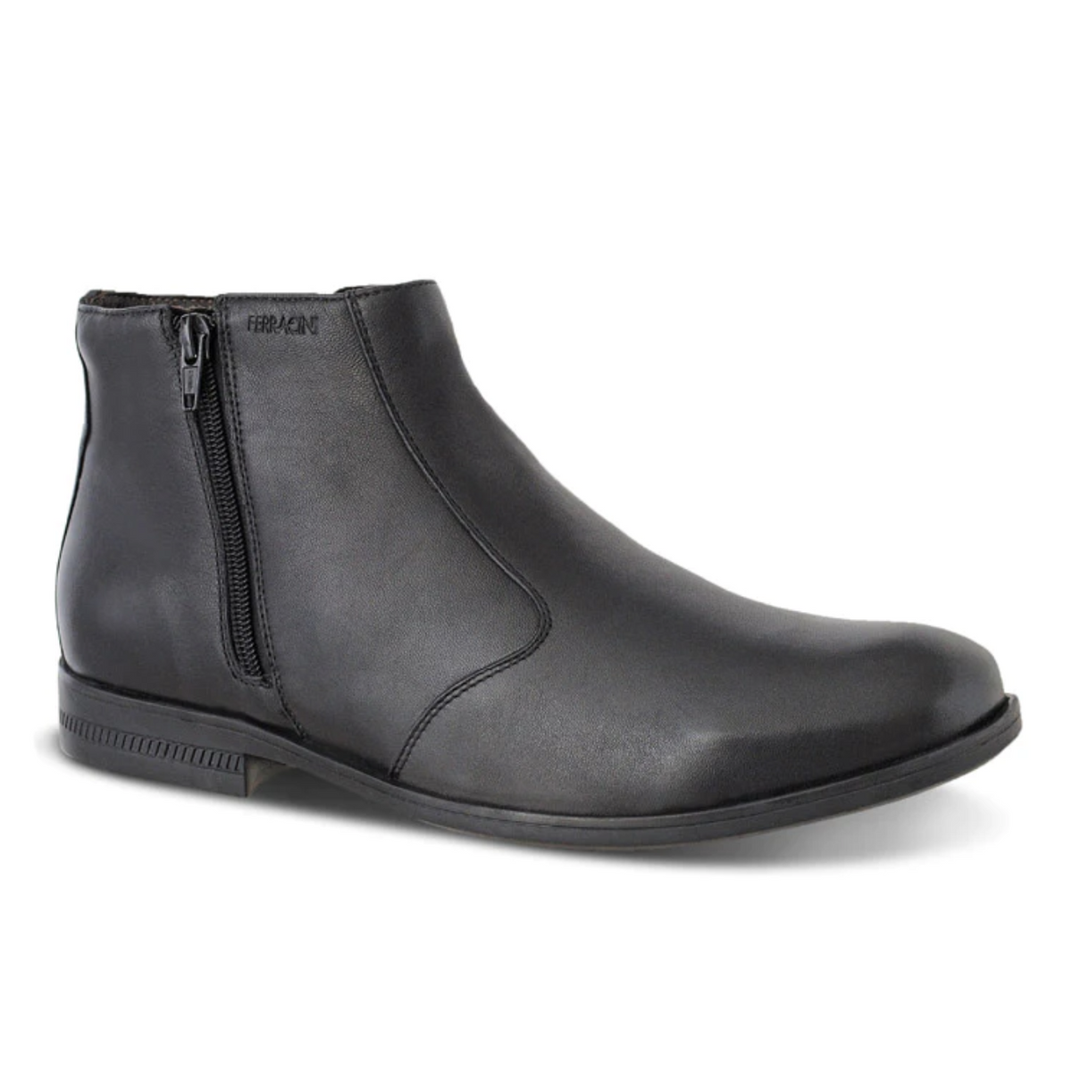 The Ferracini March Boot is an elegant ankle boot designed in black genuine leather. Featuring a side zipper and a slightly elevated heel, it boasts a sleek minimalist design with subtle stitching patterns, a smooth finish, and a flexible rubber outsole for enhanced comfort.