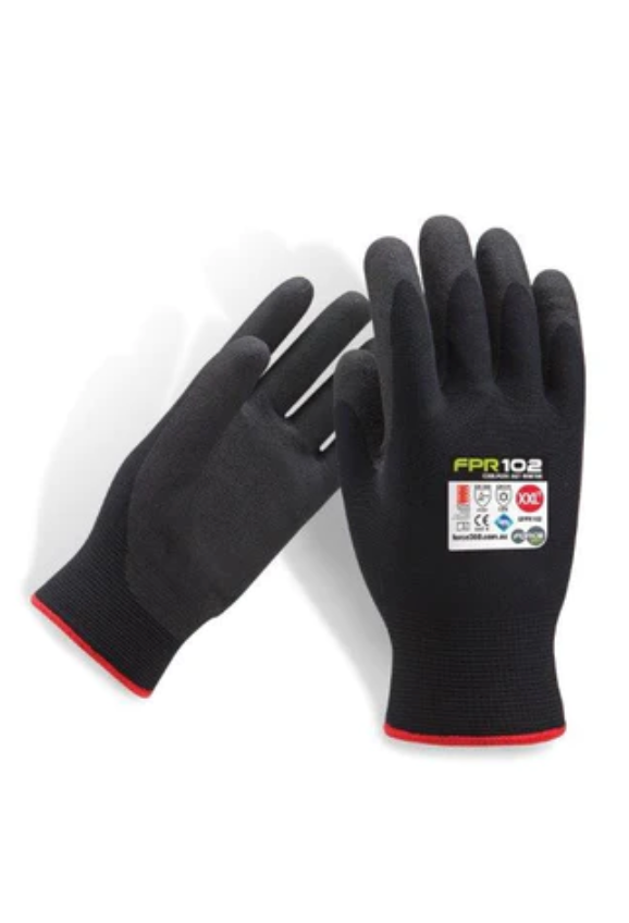 A pair of Force360 Coolflex Winter Gloves in black with red-trimmed wrist cuffs. One glove displays labels with various symbols and the text "FPR 10.2." These gloves have a textured surface on the fingers and palms for enhanced grip and provide 360-degree breathability to ensure comfort during any task.