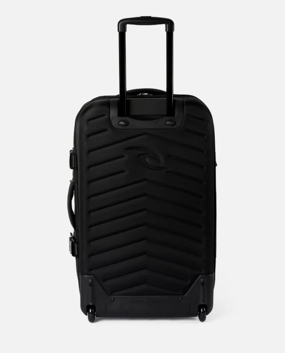 The Rip Curl F-Light Global 110L Midnight travel bag is a black hard-shell suitcase featuring a textured design, expandable pull handle, wheels, side handle, and visible branding. It is perfect for your travels and is showcased against a plain white background.