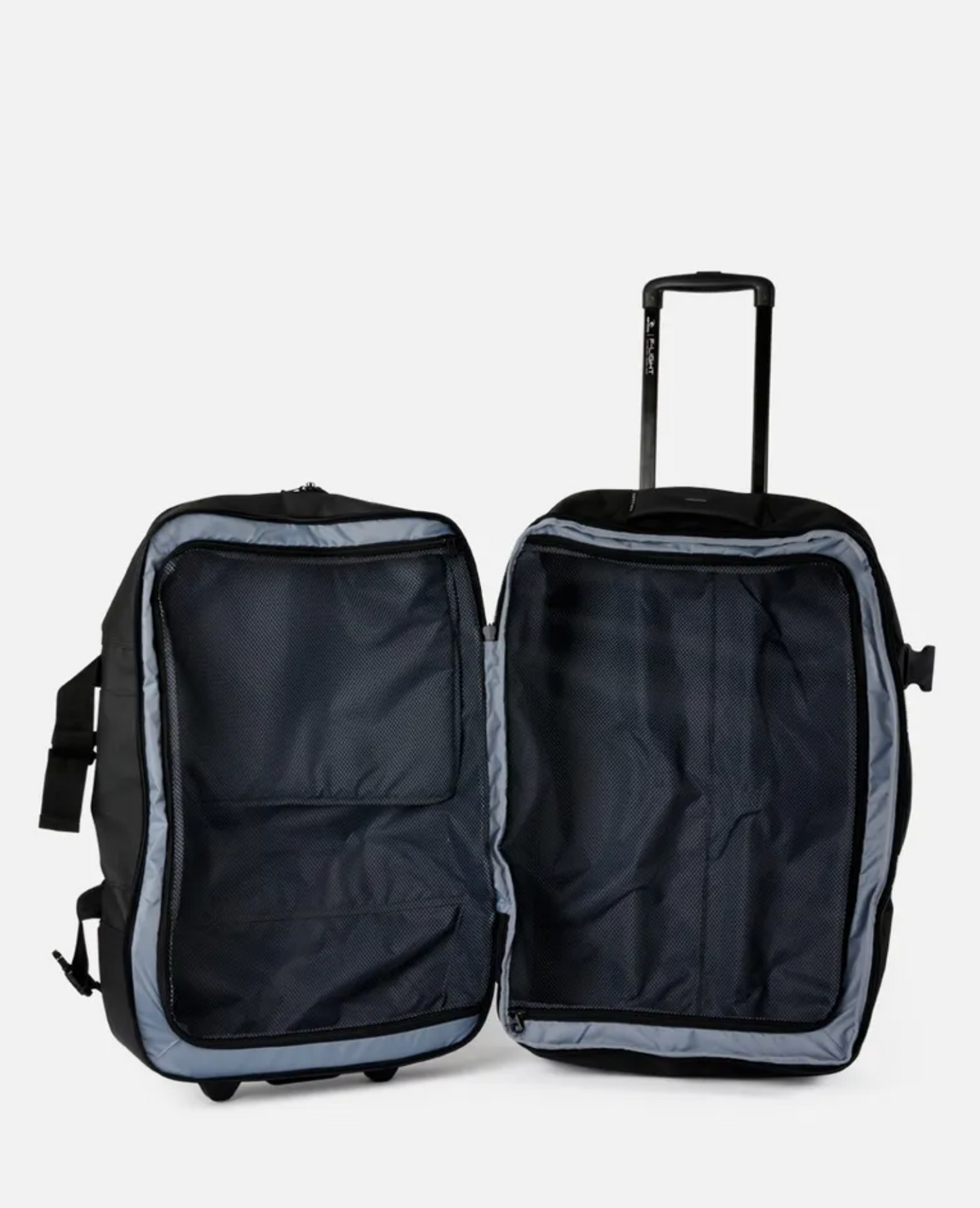 Open the Rip Curl F-Light Global 110L Midnight travel bag with an extended telescopic handle. It features a spacious interior and mesh divider for ample storage, with a sleek exterior design that's perfect for minimalist travelers.