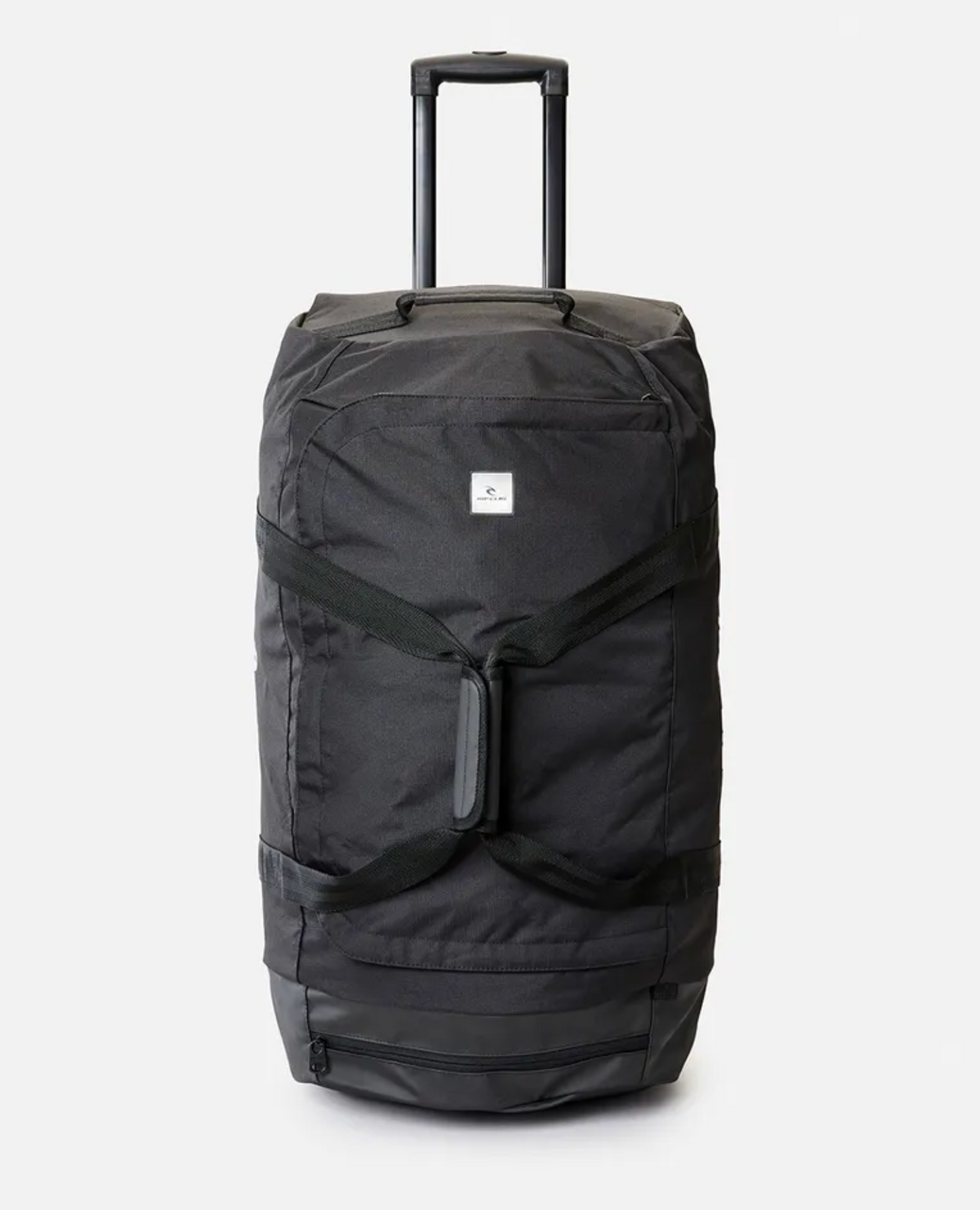 The Rip Curl Jupiter 80L Midnight Travel Bag is a stylish black rolling duffle featuring a retractable handle, two wheels, and a subtle white logo. Made from water-resistant ripstop material, it includes a spacious zippered main compartment and robust front handles.