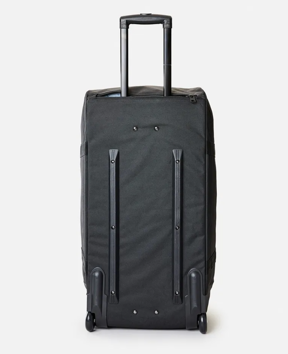 The Rip Curl Jupiter 80L Midnight Travel Bag, viewed from the back, is a black rolling duffle bag with an extended telescopic handle. This water-resistant ripstop suitcase features two wheels at the bottom and vertical protective strips along its back panel. The background is plain white.