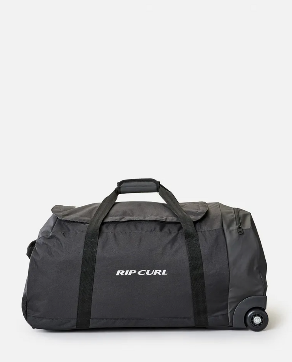 Introducing the Rip Curl Jupiter 80L Midnight Travel Bag, a functional and sporty rolling duffle. This lightweight black bag features a sturdy handle and wheels for easy transport. Made from water-resistant ripstop material, it promises durability with a flap-covered zippered main compartment, two black handles, and the white Rip Curl logo prominently displayed on the front.