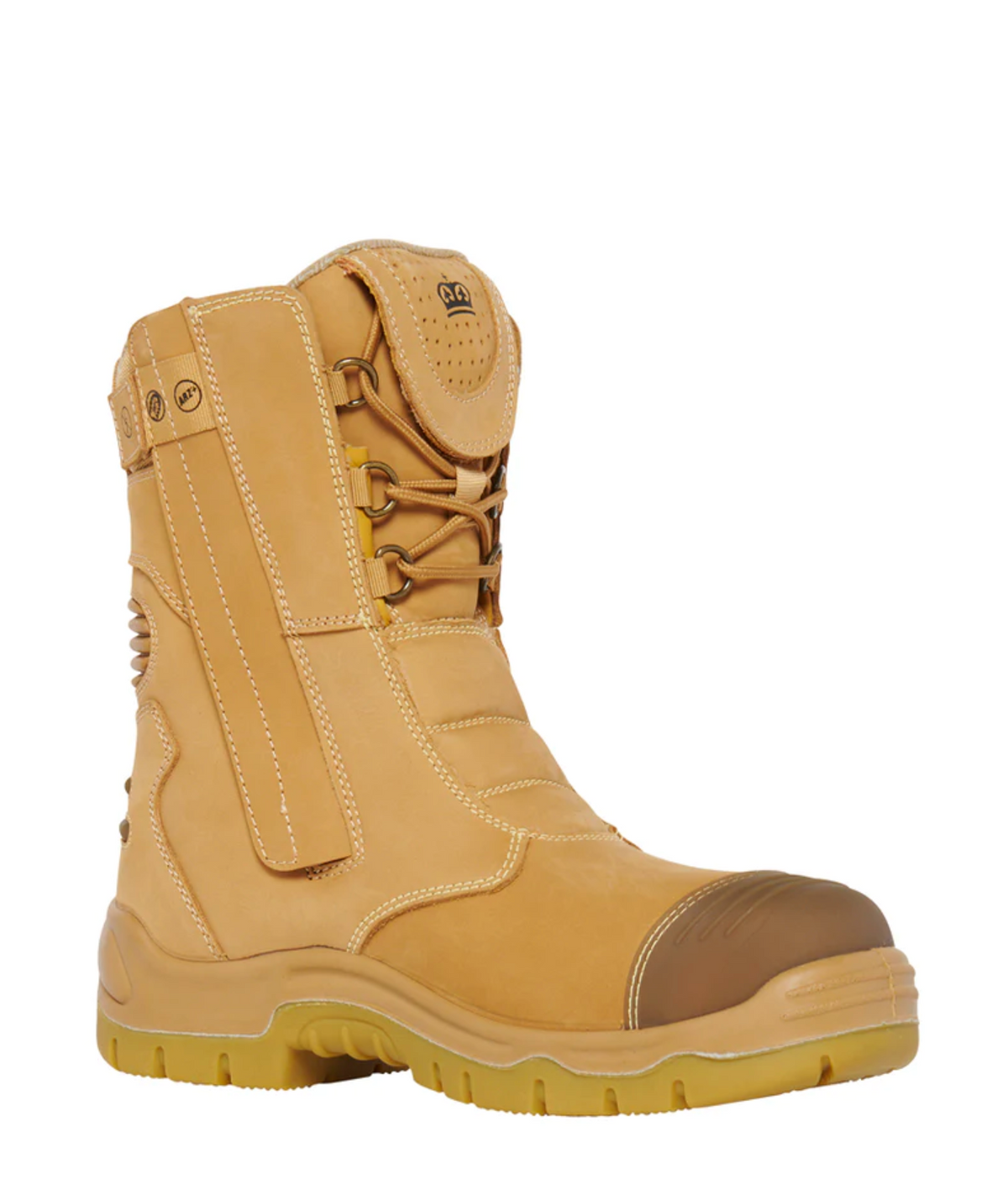 The King Gee Bennu Rigger High Leg Zip Side Safety Boot in tan full-grain leather features a reinforced toe, side zipper, brown rubber outsole, white stitching, metal eyelets for laces, padded ankle area, and a protective tongue for enhanced comfort.