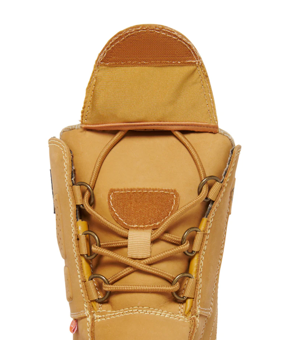 Close-up of the King Gee Bennu Rigger High Leg Zip Side Safety Boot in tan, featuring visible stitching and round laces with eyelets and hooks. The partially open tongue reveals a rectangular fabric patch, while its full-grain leather ensures durability.