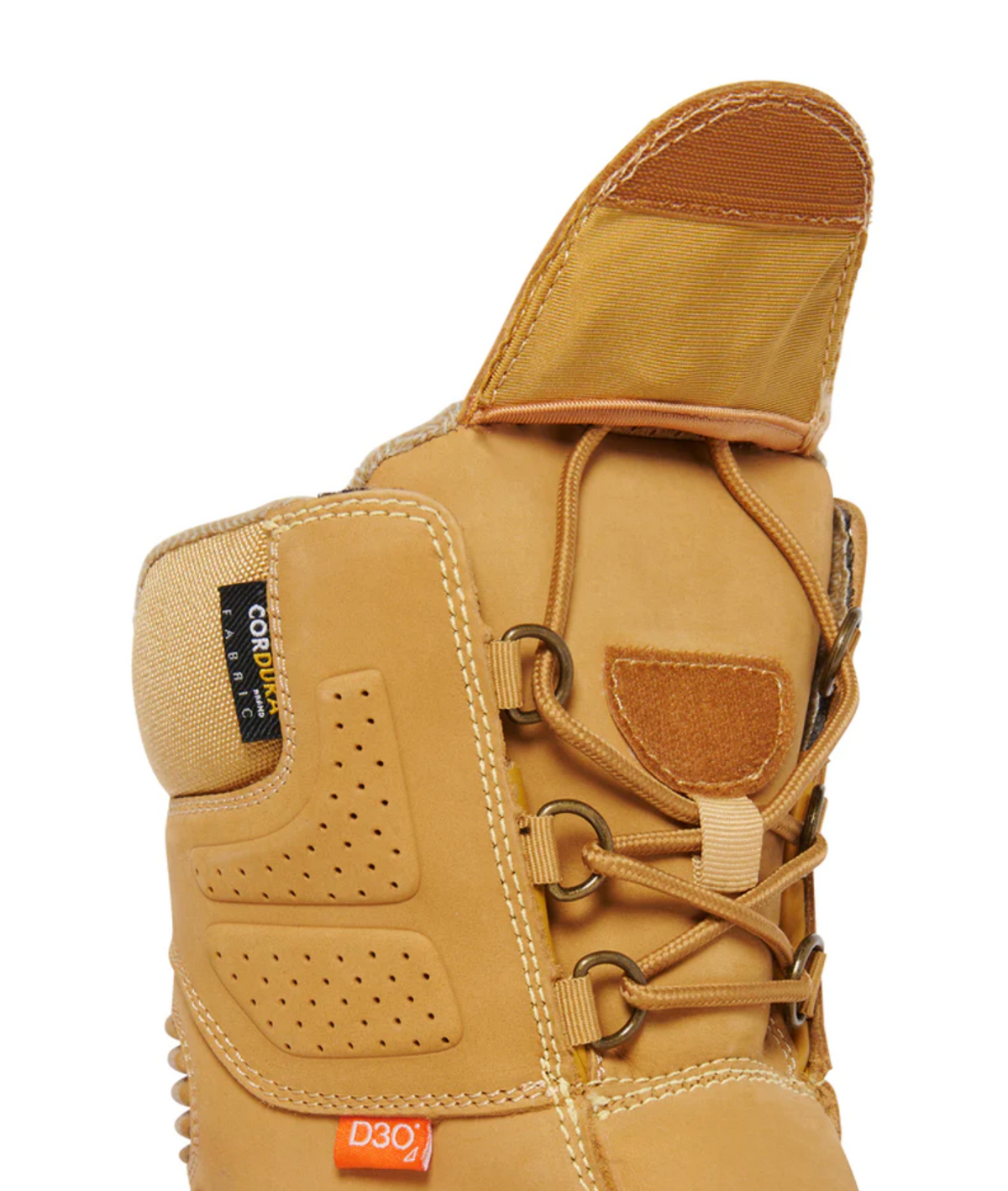 The King Gee Bennu Rigger High Leg Zip Side Safety Boot features a close-up of its full-grain leather construction. It has a partially open padded tongue with lace-up details and textile loops. A black tag with "CORDURA fabric" and "D3O" branding is visible near the durable rubber outsole.